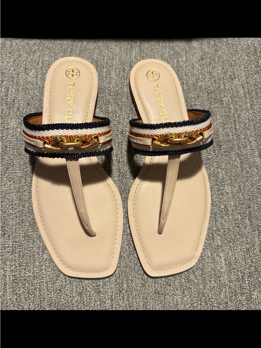 Tory Burch Beige Thong Sandals with Navy and Gold Accent
